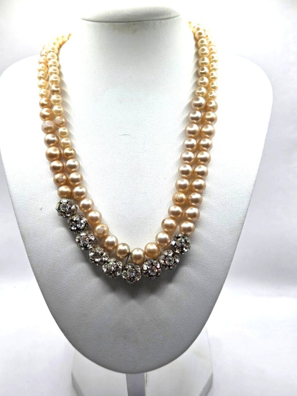 Vintage Double-Strand Faux Pearl Necklace With Rhinestone Accents & Box Clasp